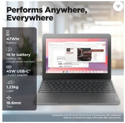 Lenovo 100e Chromebook Gen 4 MediaTek Kompanio 520 - (4 GB/32 GB EMMC Storage/Chrome OS) 82W00004HA Chromebook (11.6 Inch, Graphite Grey, 1.23 Kg)