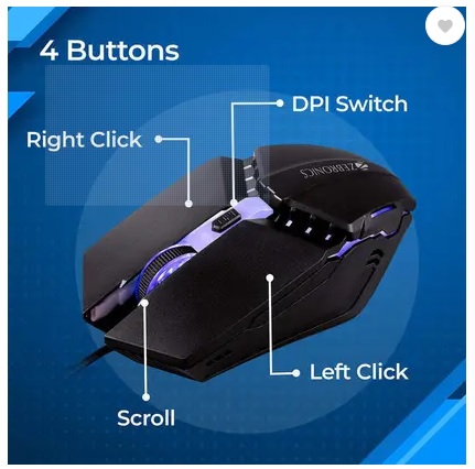 ZEBRONICS ZEB PHERO with DPI Switch, High Precision, Plug & Play, 4 Buttons Wired Ambidextrous Optical Gaming Mouse (USB 2.0, RAINBOW LED)